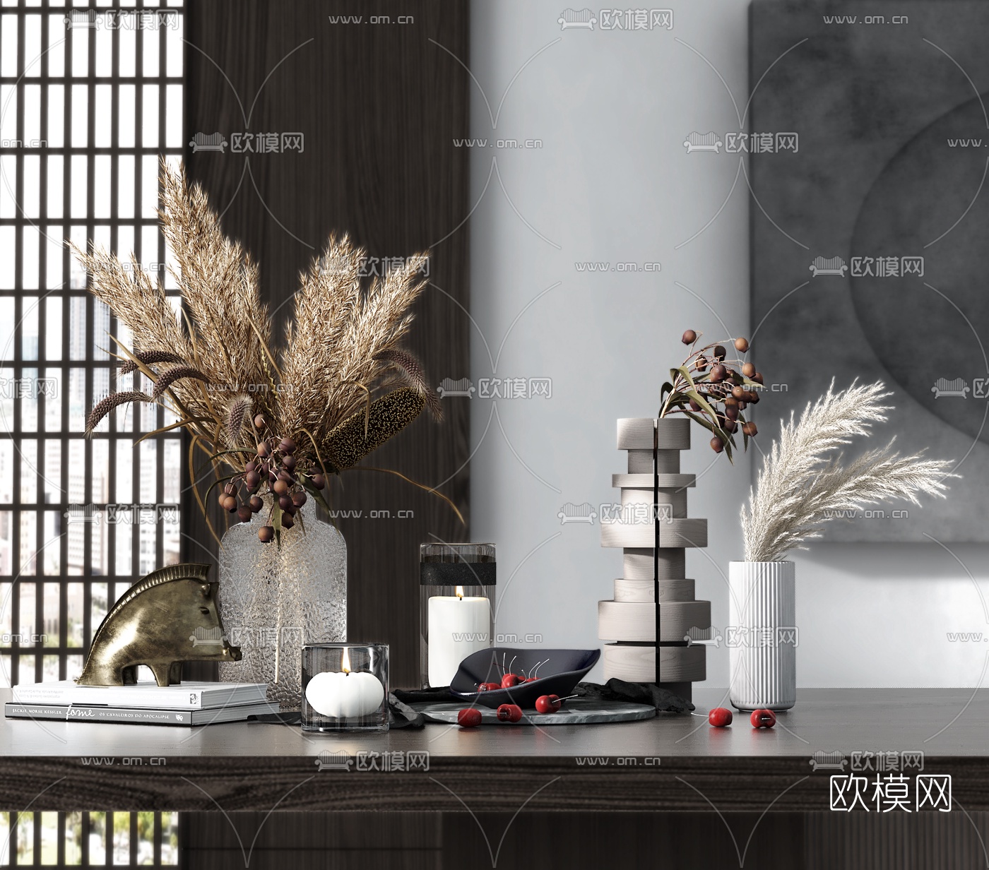 现代芦苇花瓶樱桃蜡烛摆件3d模型