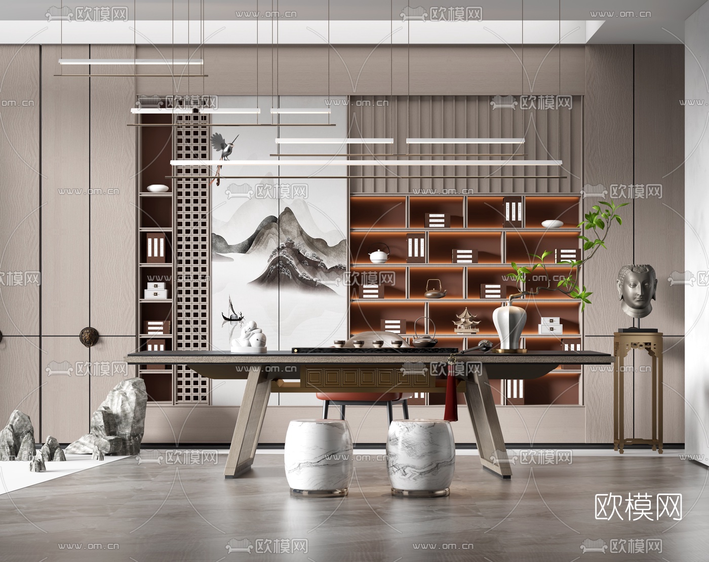 新中式茶桌椅3d模型下载（渲染图3）