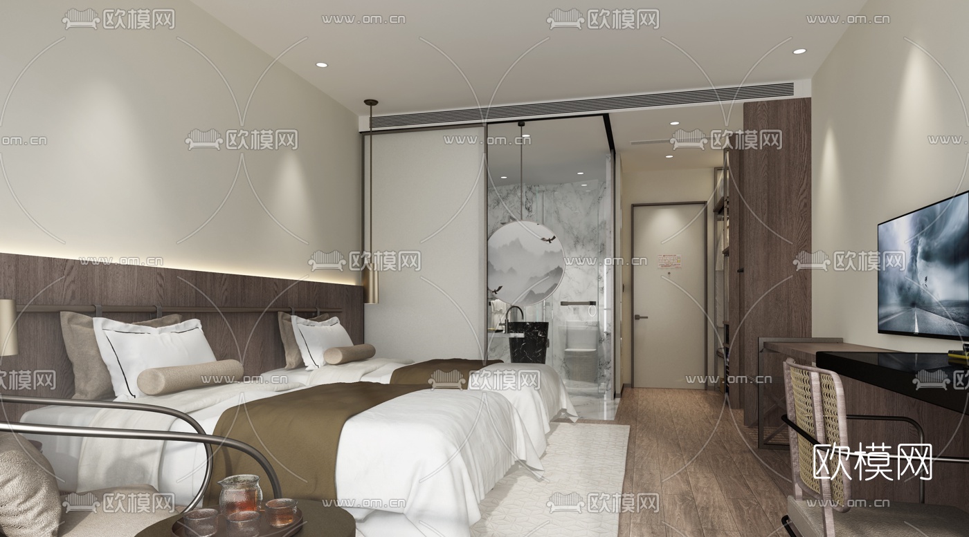新中式酒店客房双人间免费3d模型下载（渲染图1）