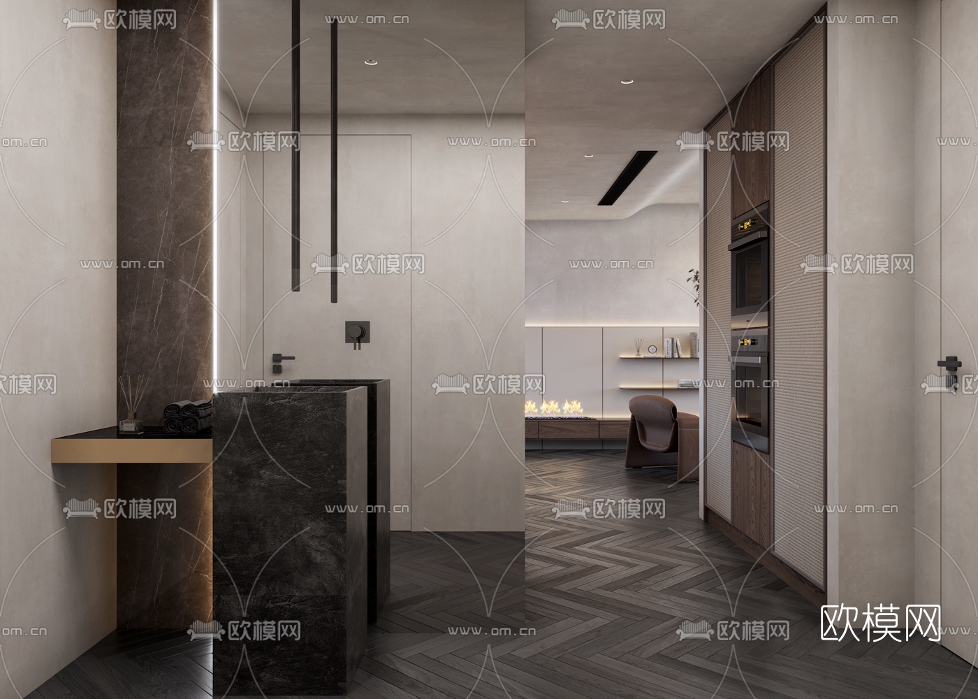 现代高级灰客厅餐厅3d模型