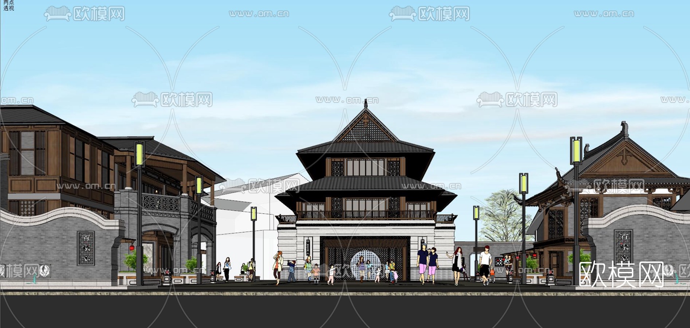 中式风情商业街su模型下载（渲染图8）