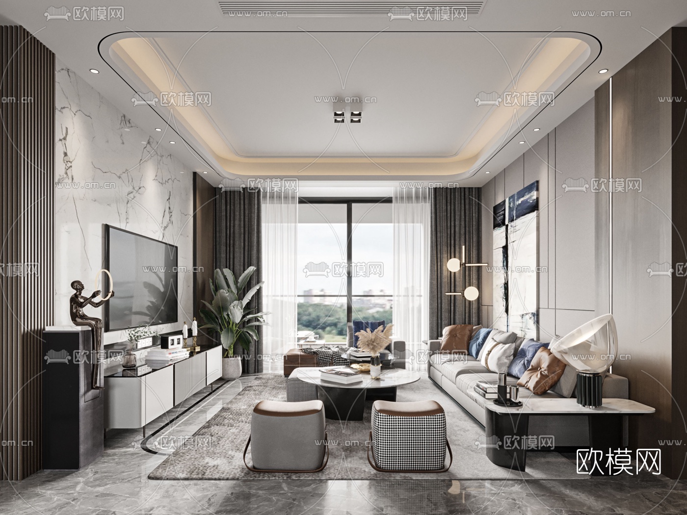 现代轻奢客厅餐厅3d模型下载（渲染图1）