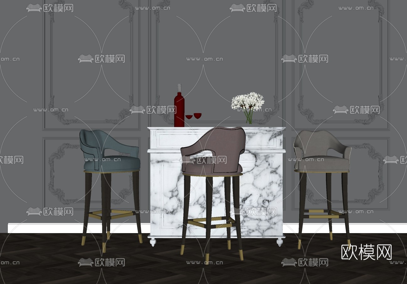 现代吧台吧台椅su模型下载