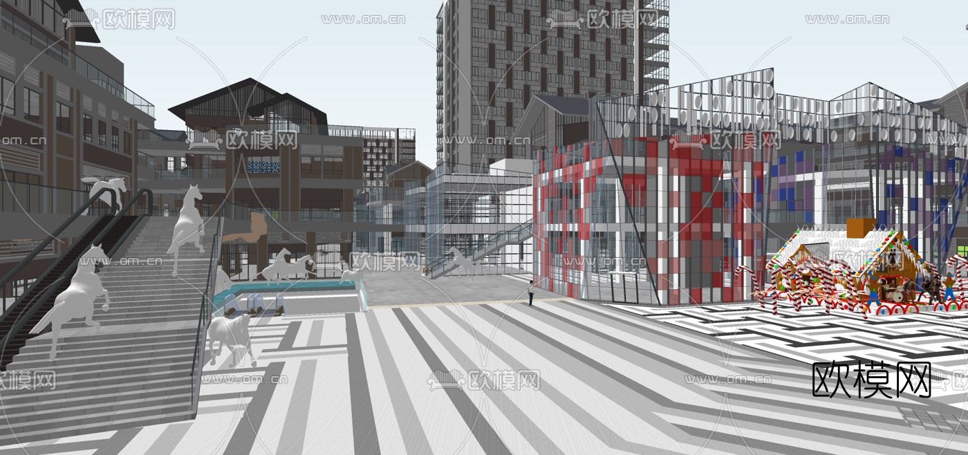 新中式商业综合体建筑外观su模型下载（渲染图5）