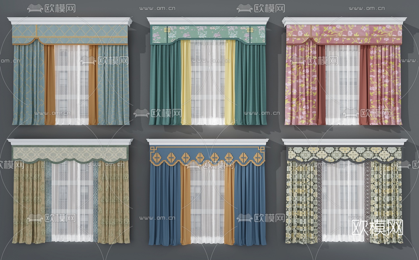 新中式花纹布艺窗帘3d模型下载