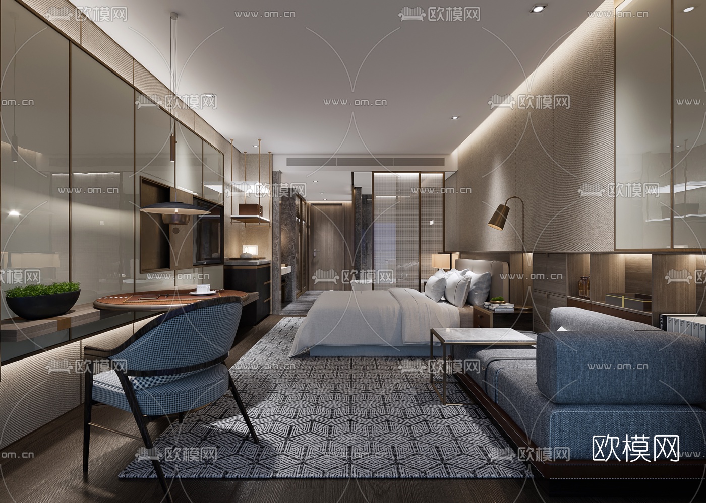 现代轻奢酒店客房3d模型下载（渲染图1）
