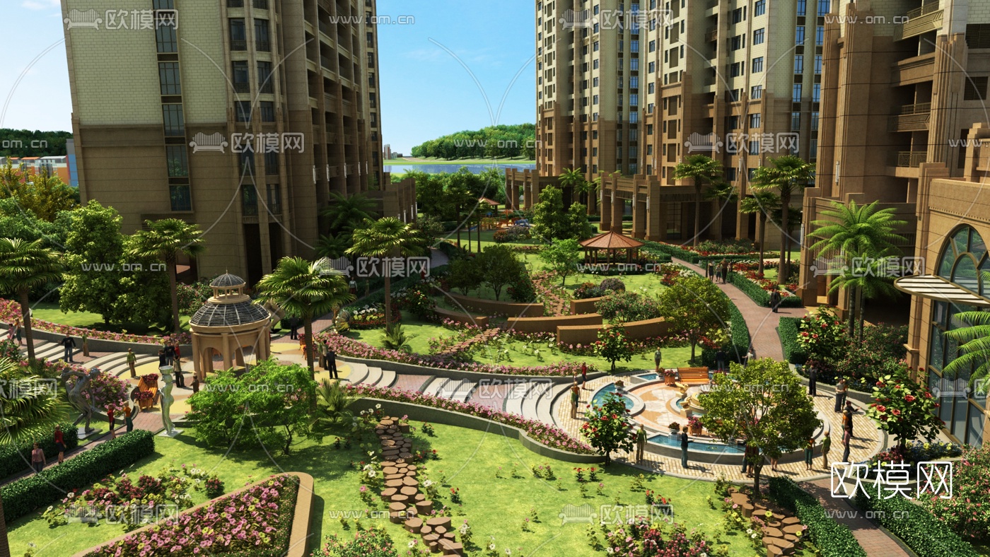欧式小区园林景观3d模型下载_ID10141542_3dmax免费模型-欧模网