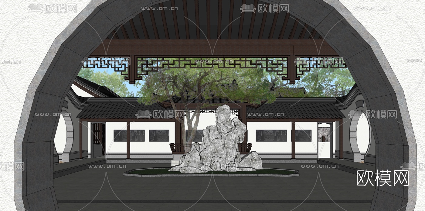 中式别墅庭院景观su模型下载（渲染图2）