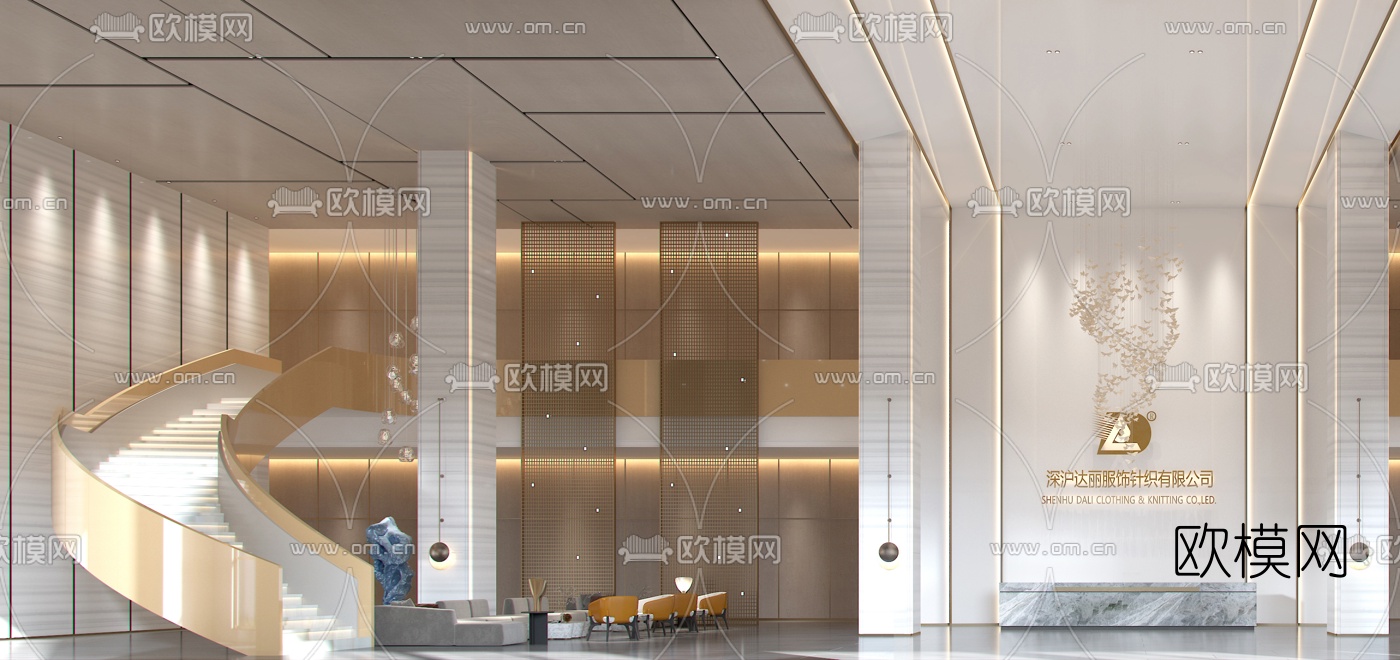 新中式公司办公楼大堂前台3d模型下载（渲染图4）