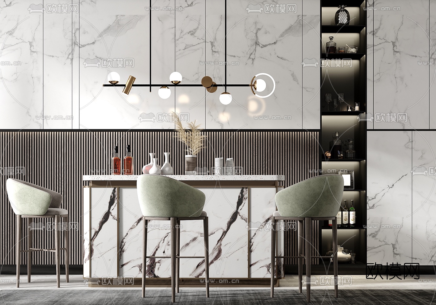 现代轻奢水吧台su模型下载（渲染图1）