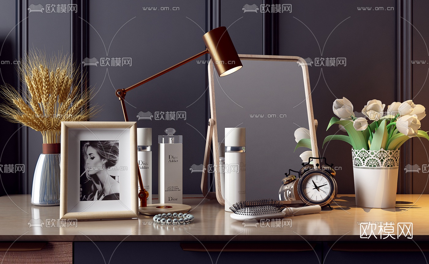 现代闹钟气垫梳化妆品摆件3d模型下载（渲染图1）