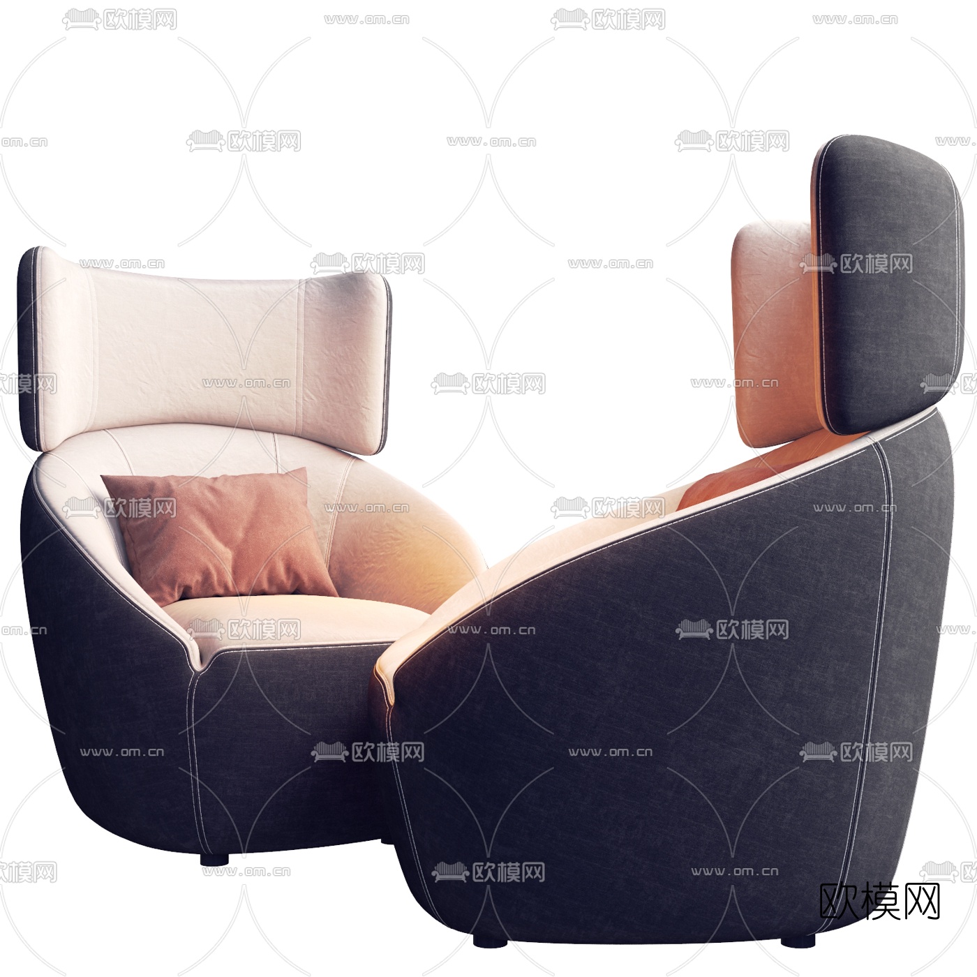 现代布艺单人沙发边几3d模型下载（渲染图2）