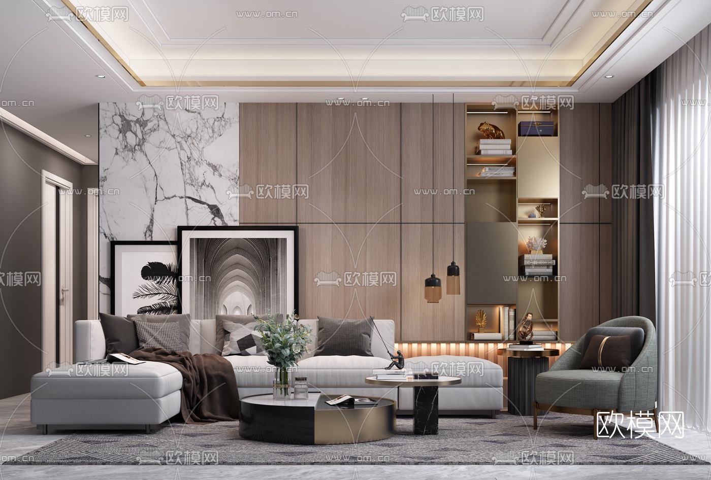 现代简约布艺沙发茶几组合3d模型下载