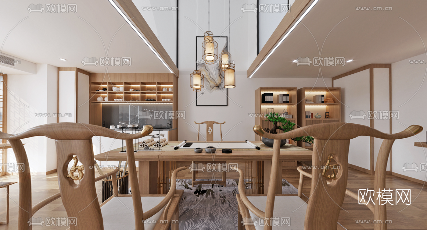 新中式别墅书房茶室cr全景3d模型