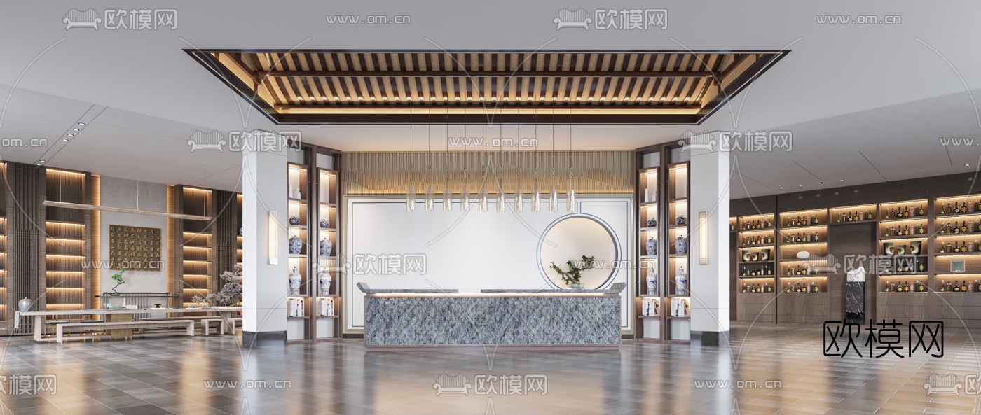 新中式轻奢酒店大堂前台3d模型
