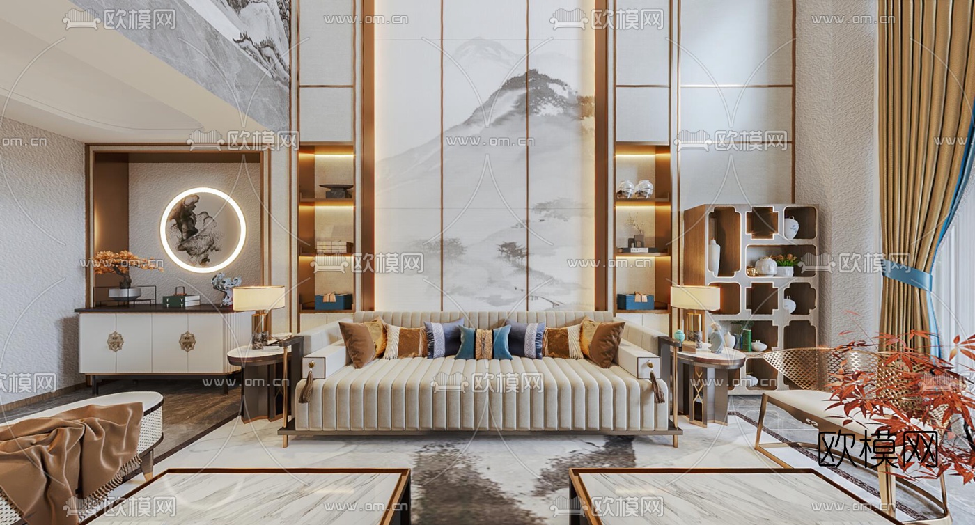 新中式别墅客厅餐厅茶室cr全景3d模型