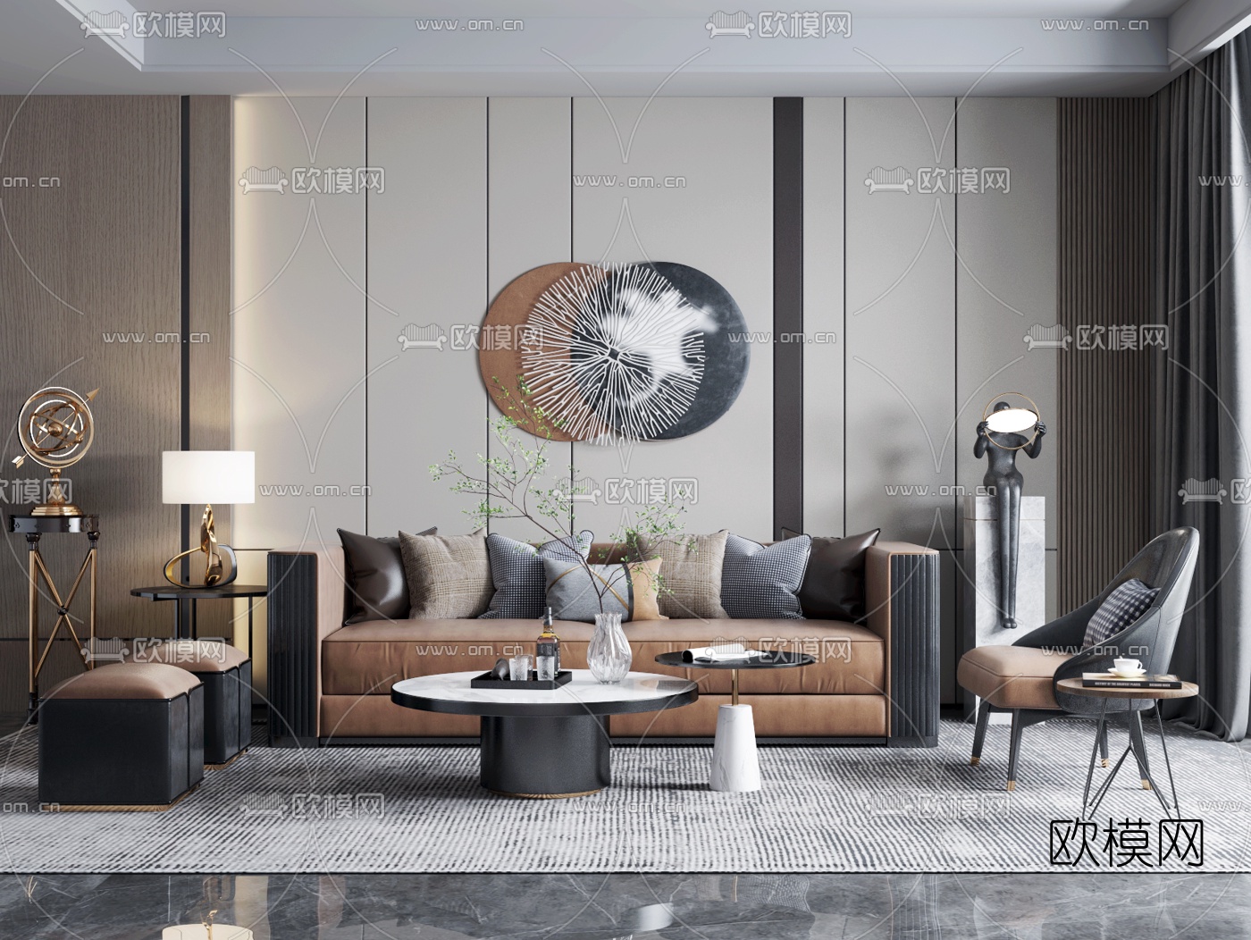 现代皮革沙发组合3d模型