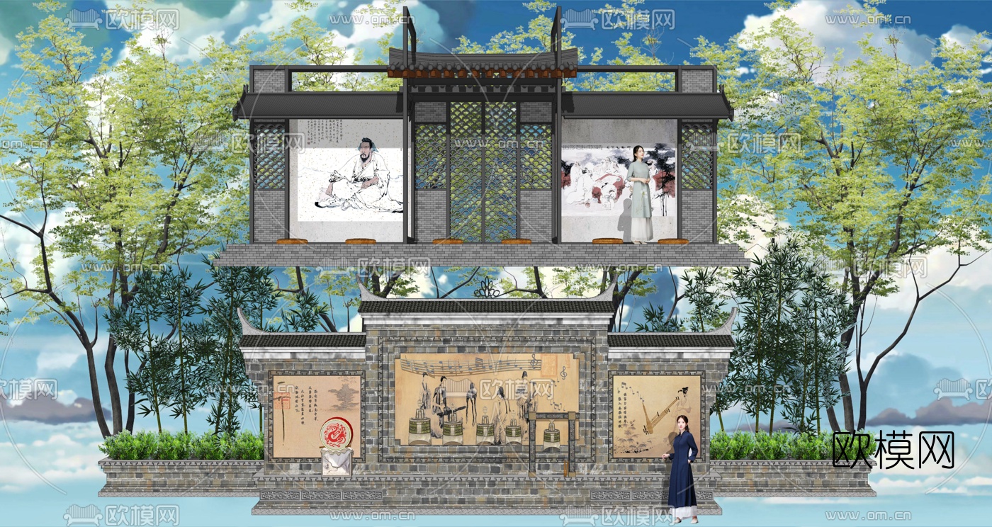 新中式历史文化景墙su模型