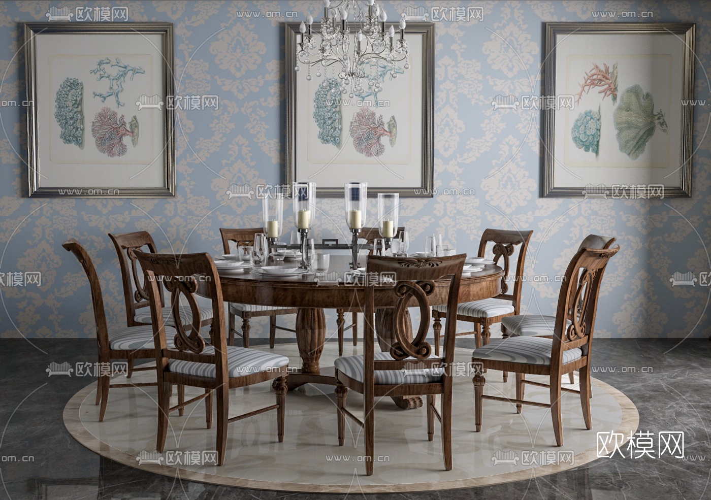 美式圆形餐桌椅3d模型下载