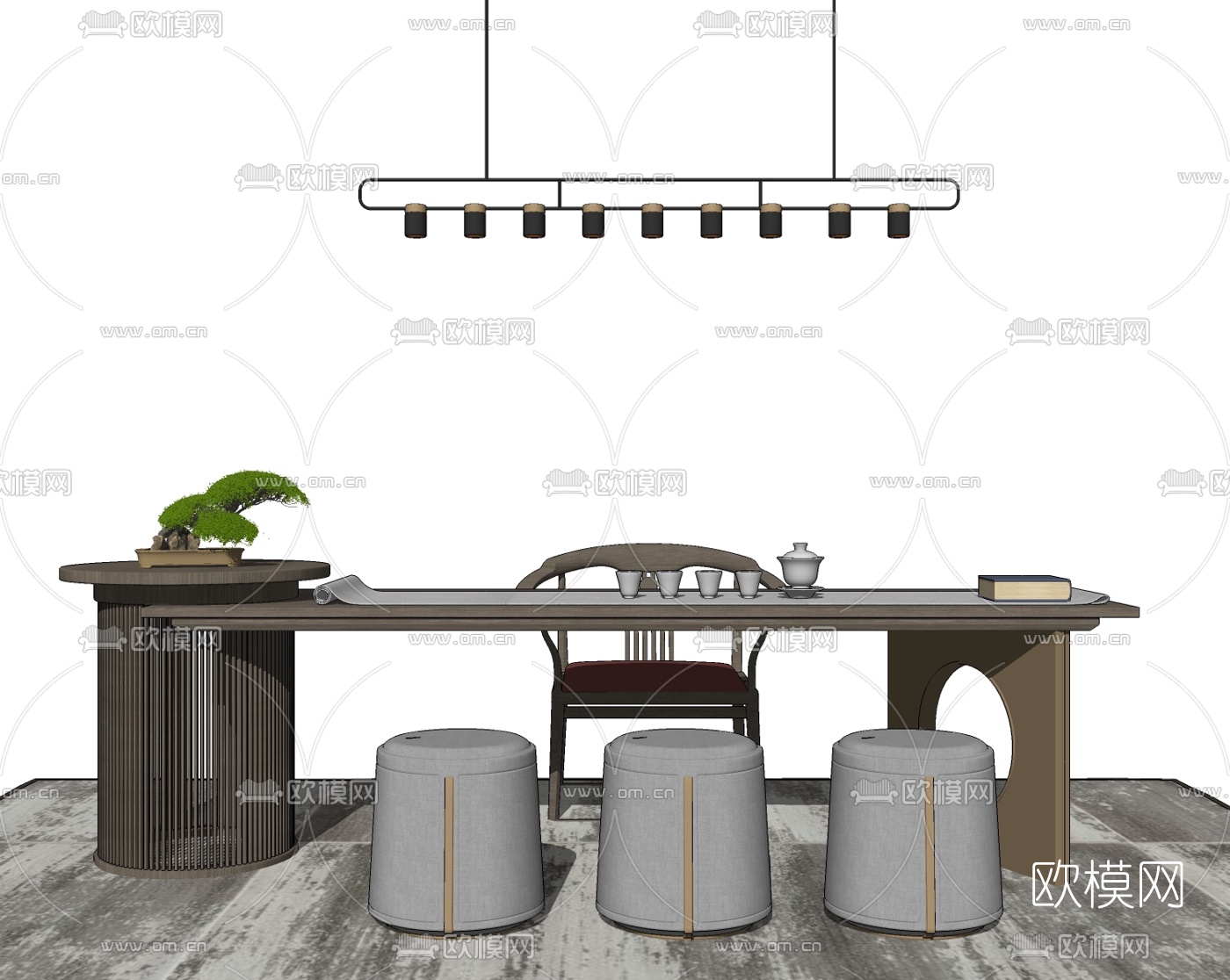 新中式实木茶桌椅su模型下载