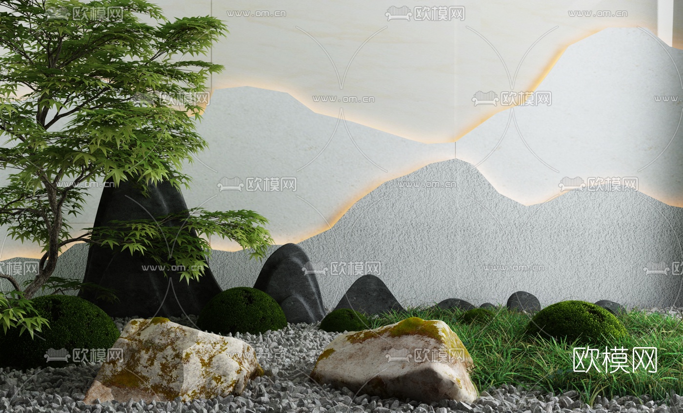 新中式假山灌木草树小品3d模型下载