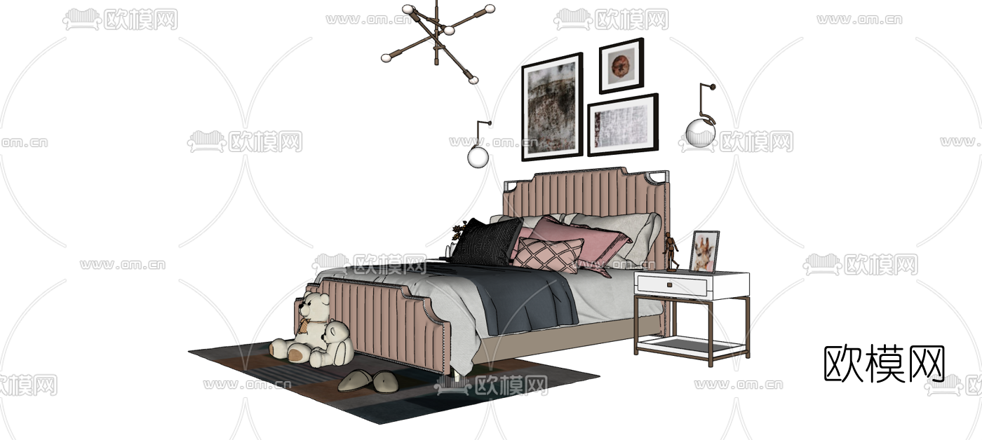 现代双人床su模型下载（渲染图2）
