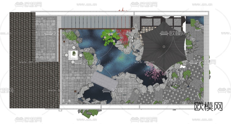 中式庭院景观su模型下载（渲染图3）