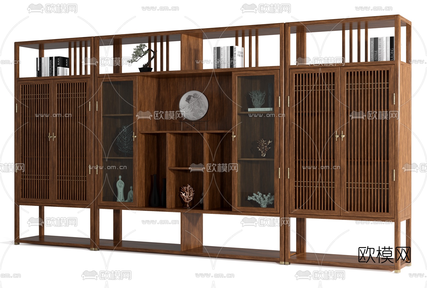 新中式实木博古架装饰柜书桌3d模型下载（渲染图4）
