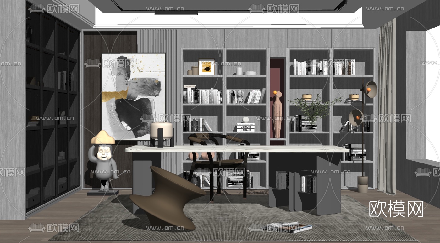 现代书房su模型下载（渲染图2）