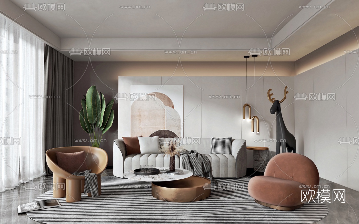 北欧布艺沙发组合3d模型下载