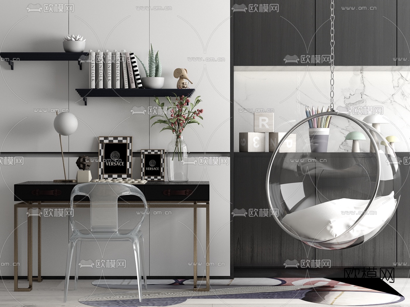 现代吊椅书桌椅su模型下载（渲染图1）