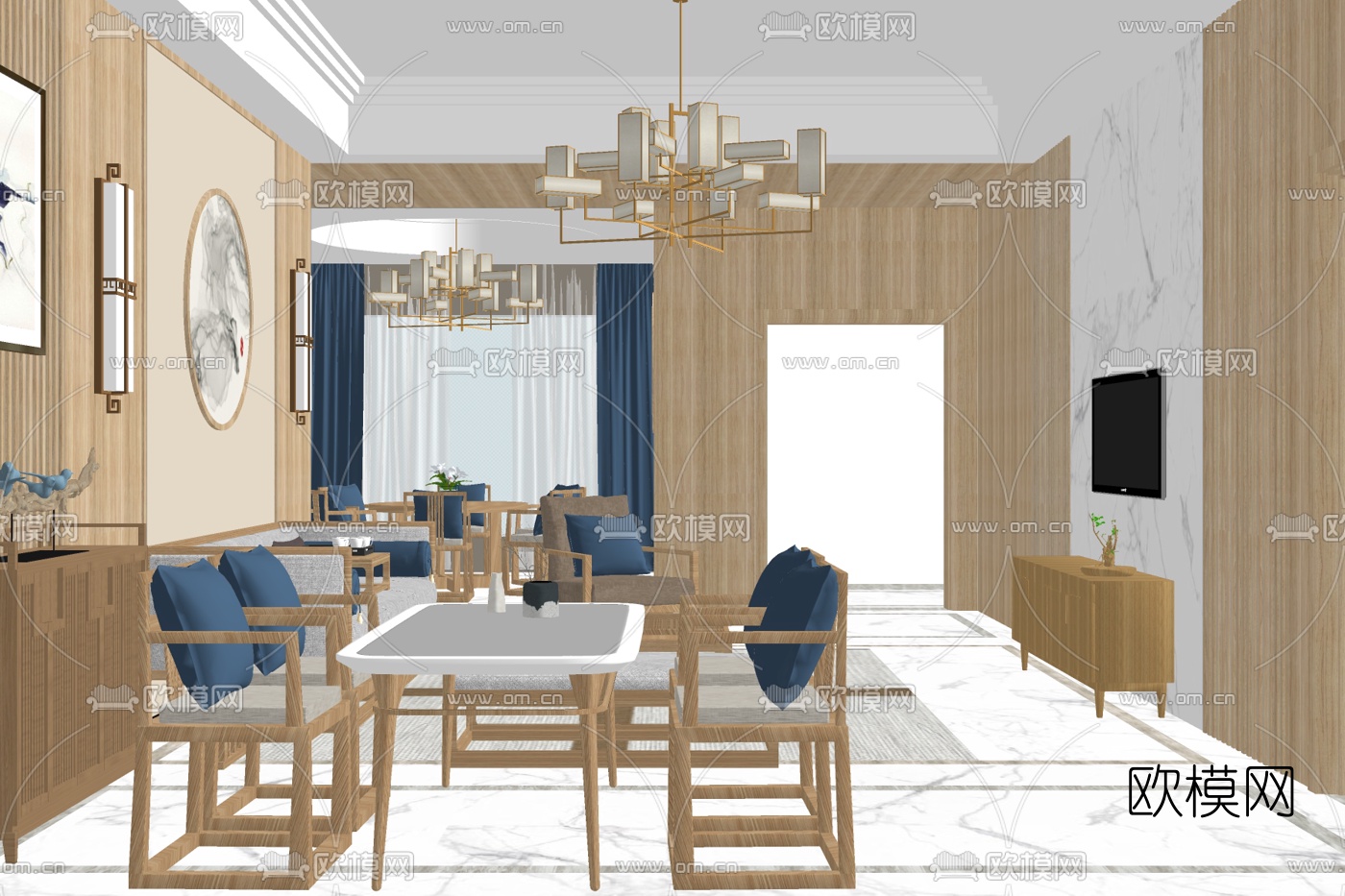 新中式简约客厅免费su模型下载