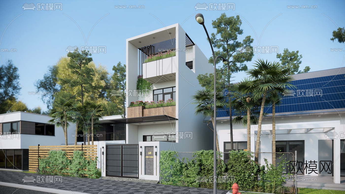 现代独栋别墅外观su模型下载（渲染图3）