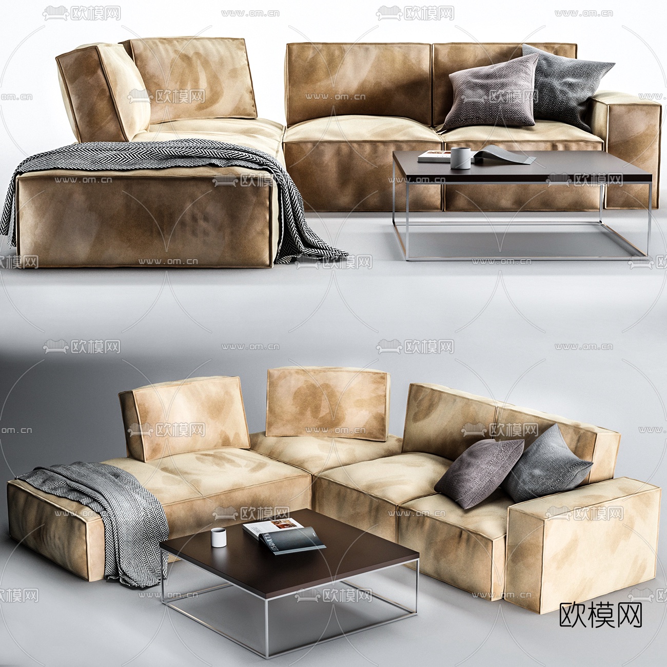 现代布艺转角沙发茶几3d模型