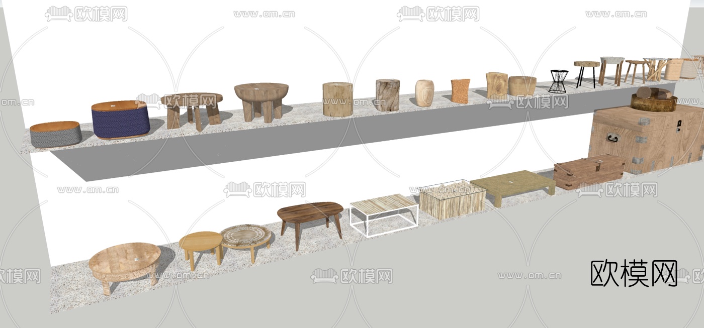 新中式民宿茶几边几su模型下载（渲染图1）