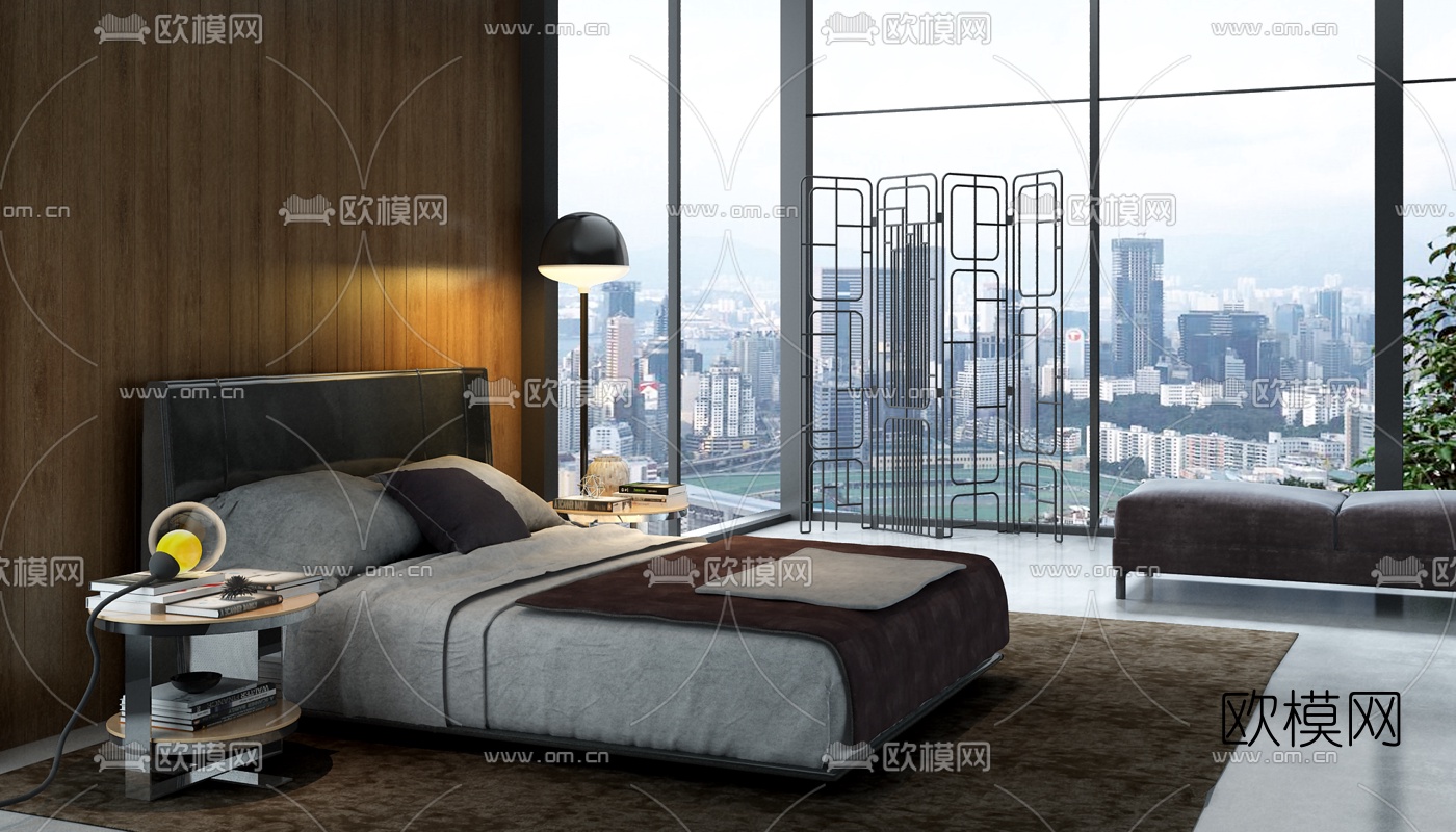 意大利B&BItalia品牌 现代双人床金属圆几3D模型下载（渲染图1）