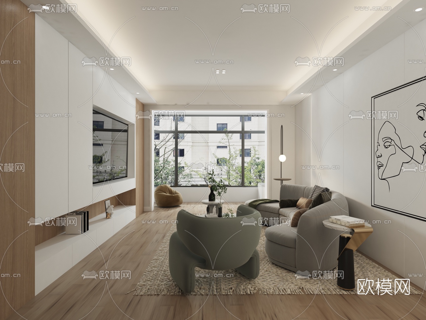 现代简约客厅免费3d模型下载（渲染图1）