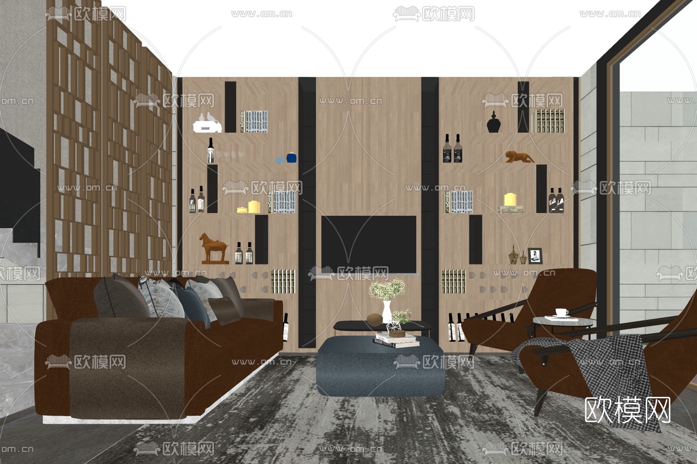 现代布艺组合沙发免费su模型下载