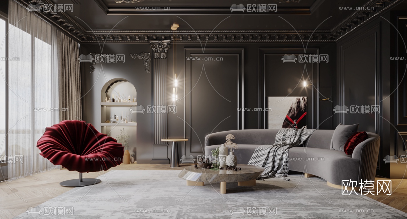 简欧绒布沙发组合R3d模型下载（渲染图1）