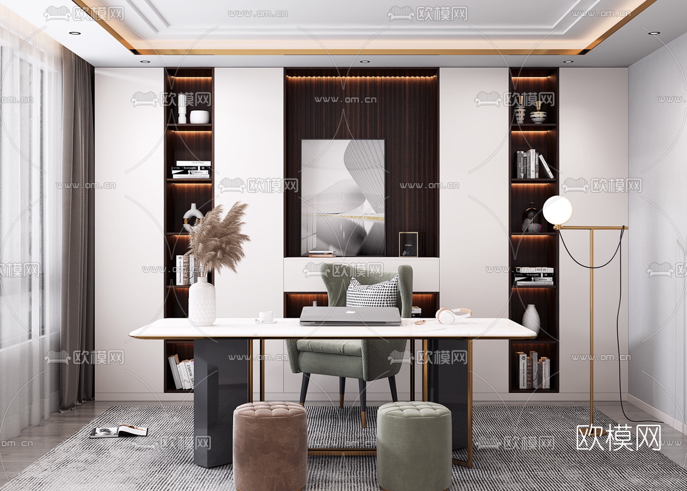 现代轻奢书房3d模型下载