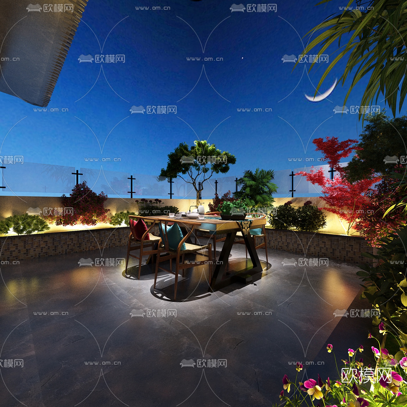 新中式庭院花园夜景免费3d模型
