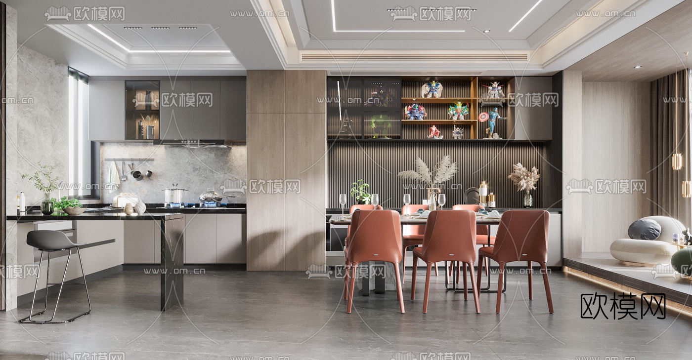 现代复式轻奢客厅餐厅3d模型