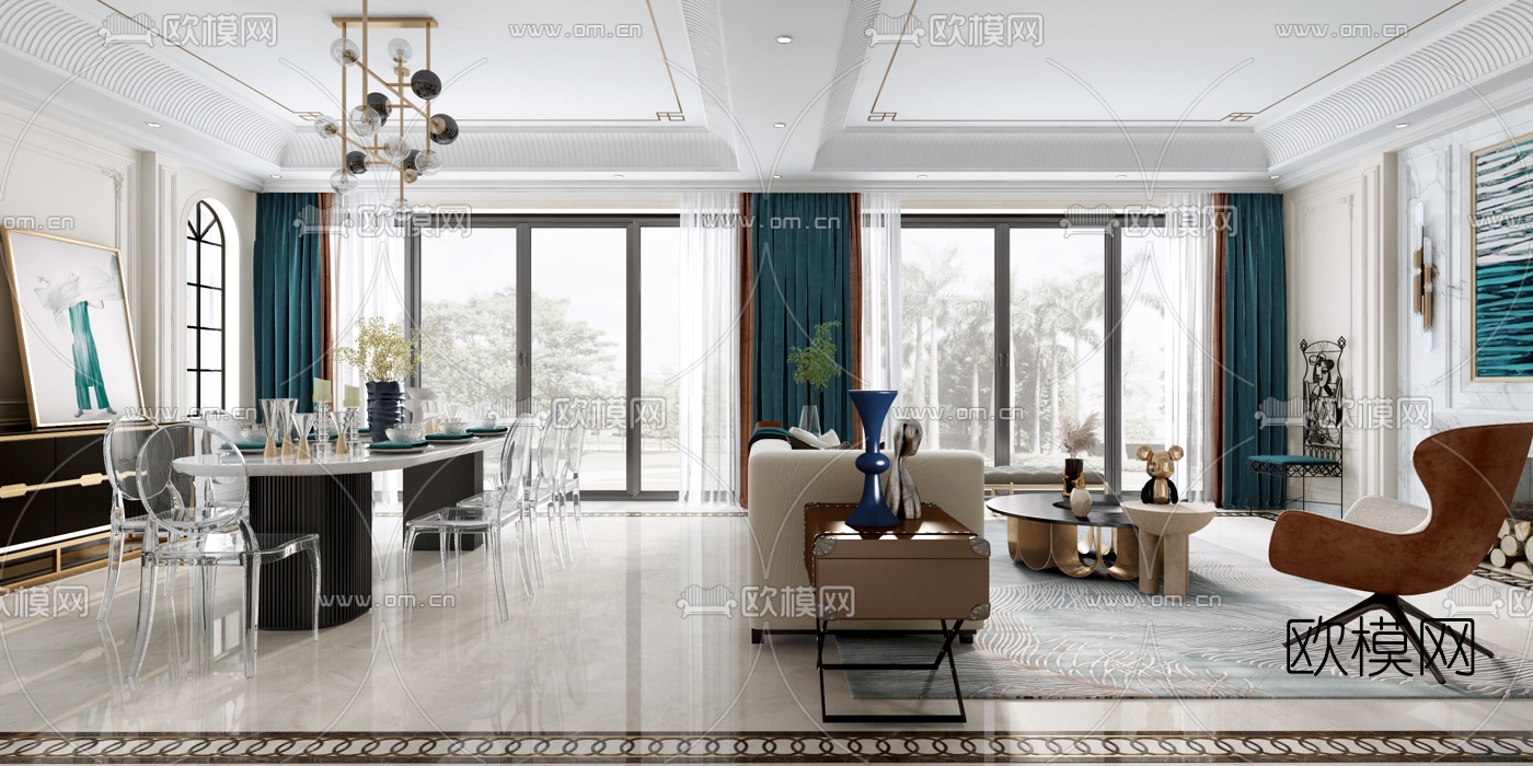 简欧混搭客厅餐厅3d模型下载（渲染图2）