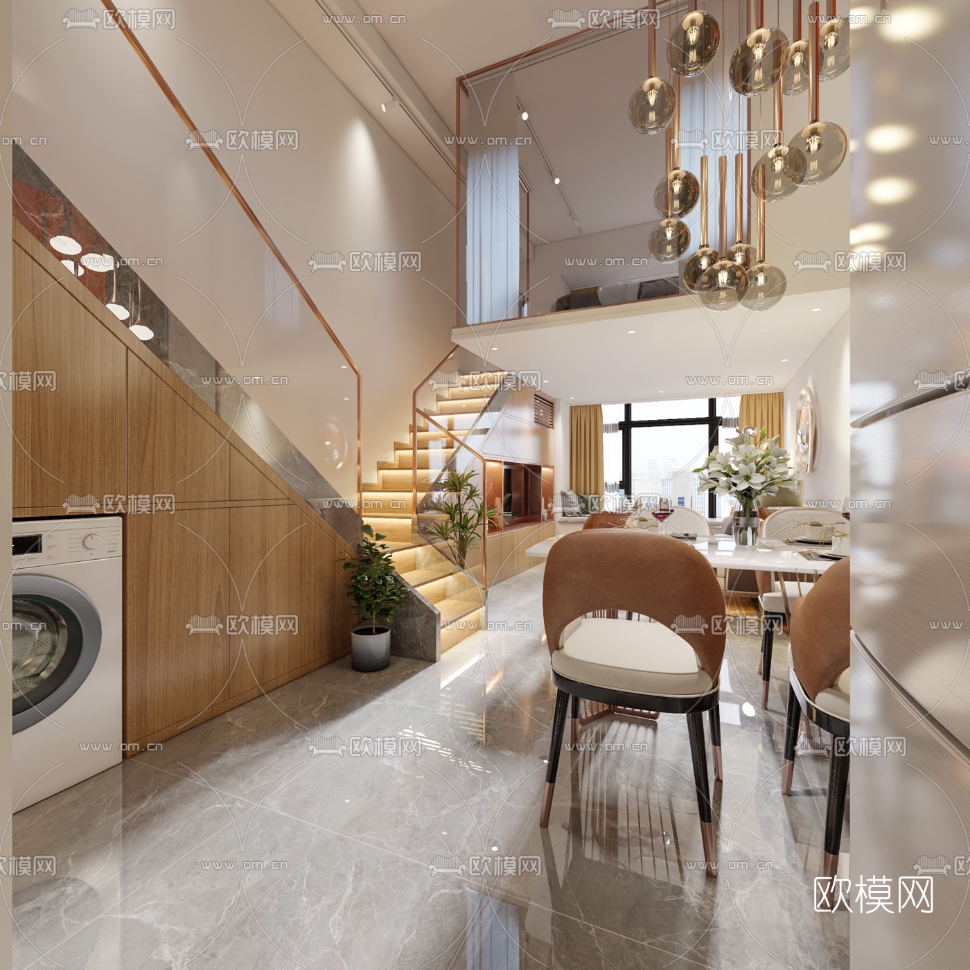 现代轻奢公寓客厅餐厅3d模型