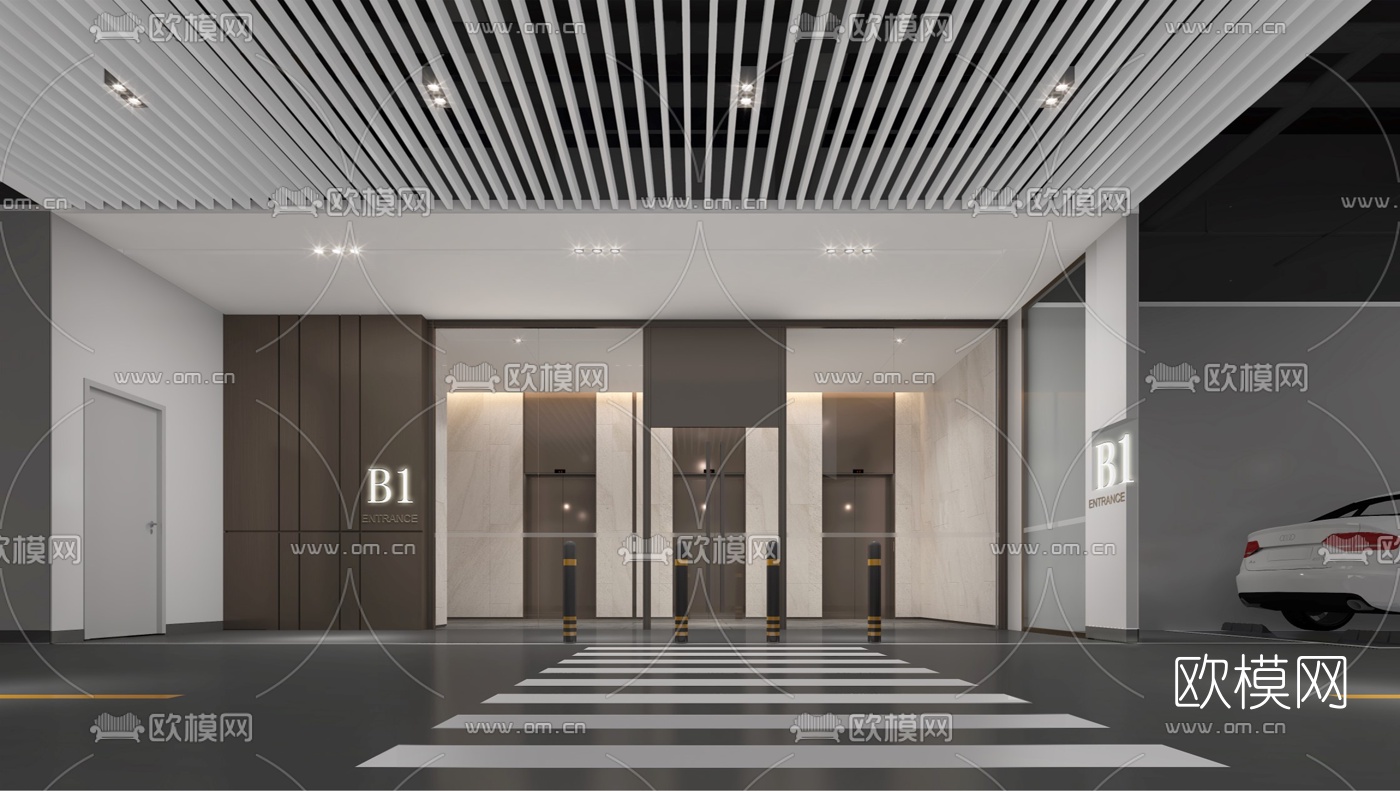 现代地下室车库电梯厅su模型下载（渲染图1）