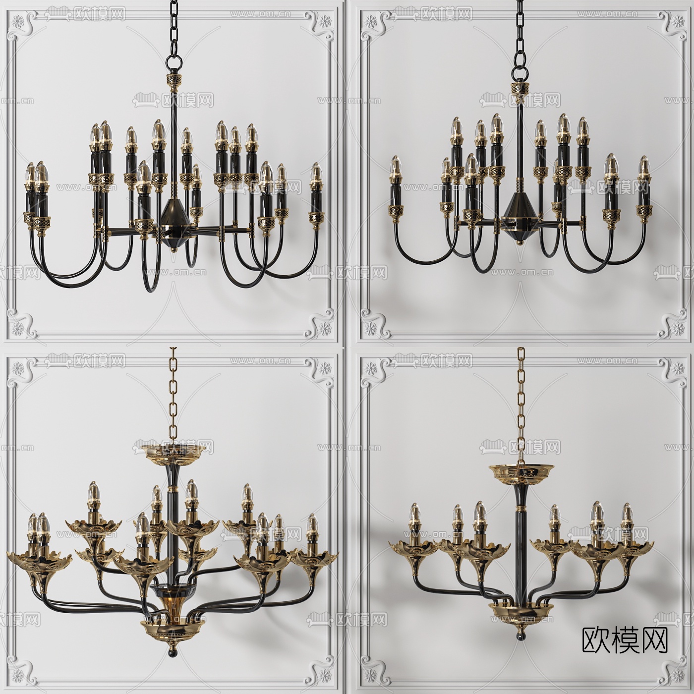 美式多头烛台吊灯3d模型下载（渲染图1）