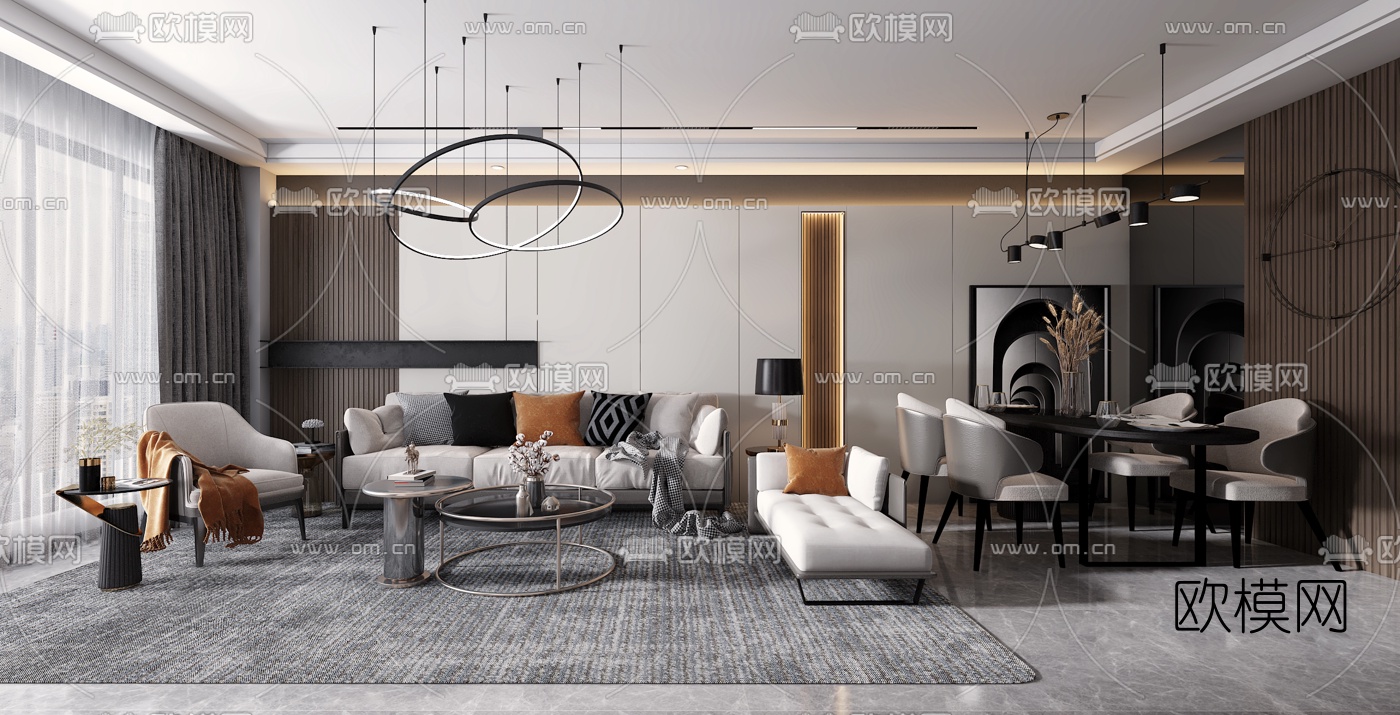 现代轻奢客厅餐厅3d模型下载（渲染图1）