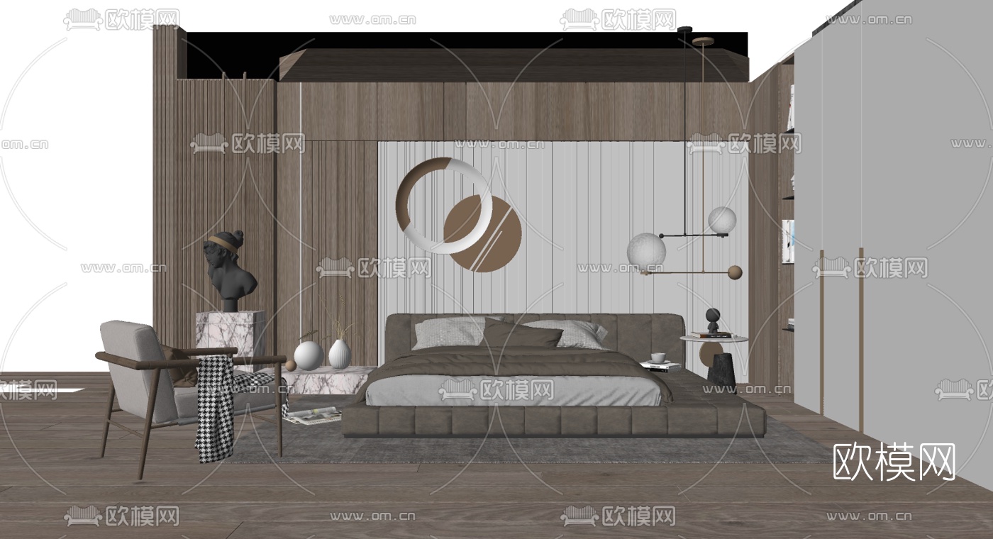现代布艺双人床su模型
