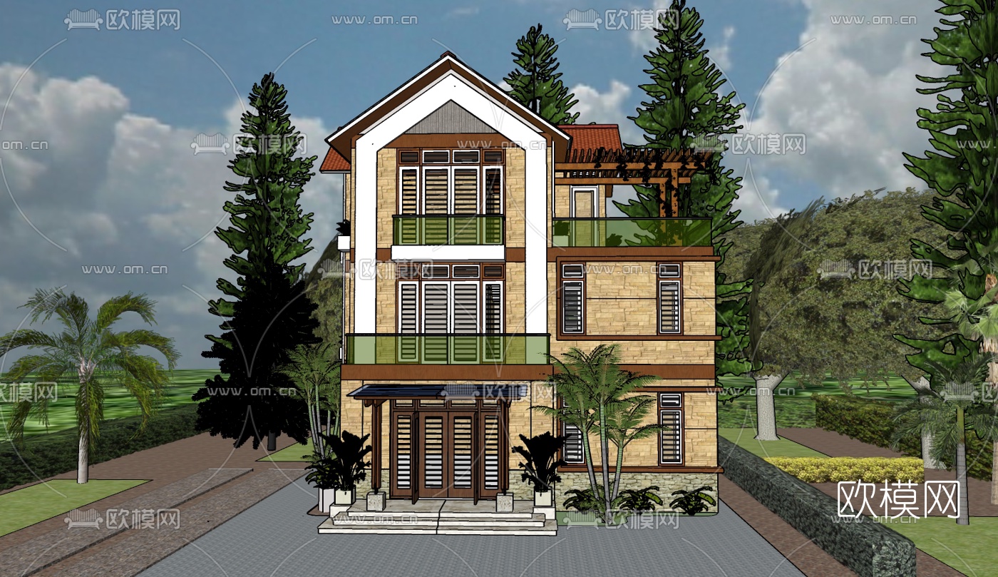 现代独栋别墅免费su模型下载