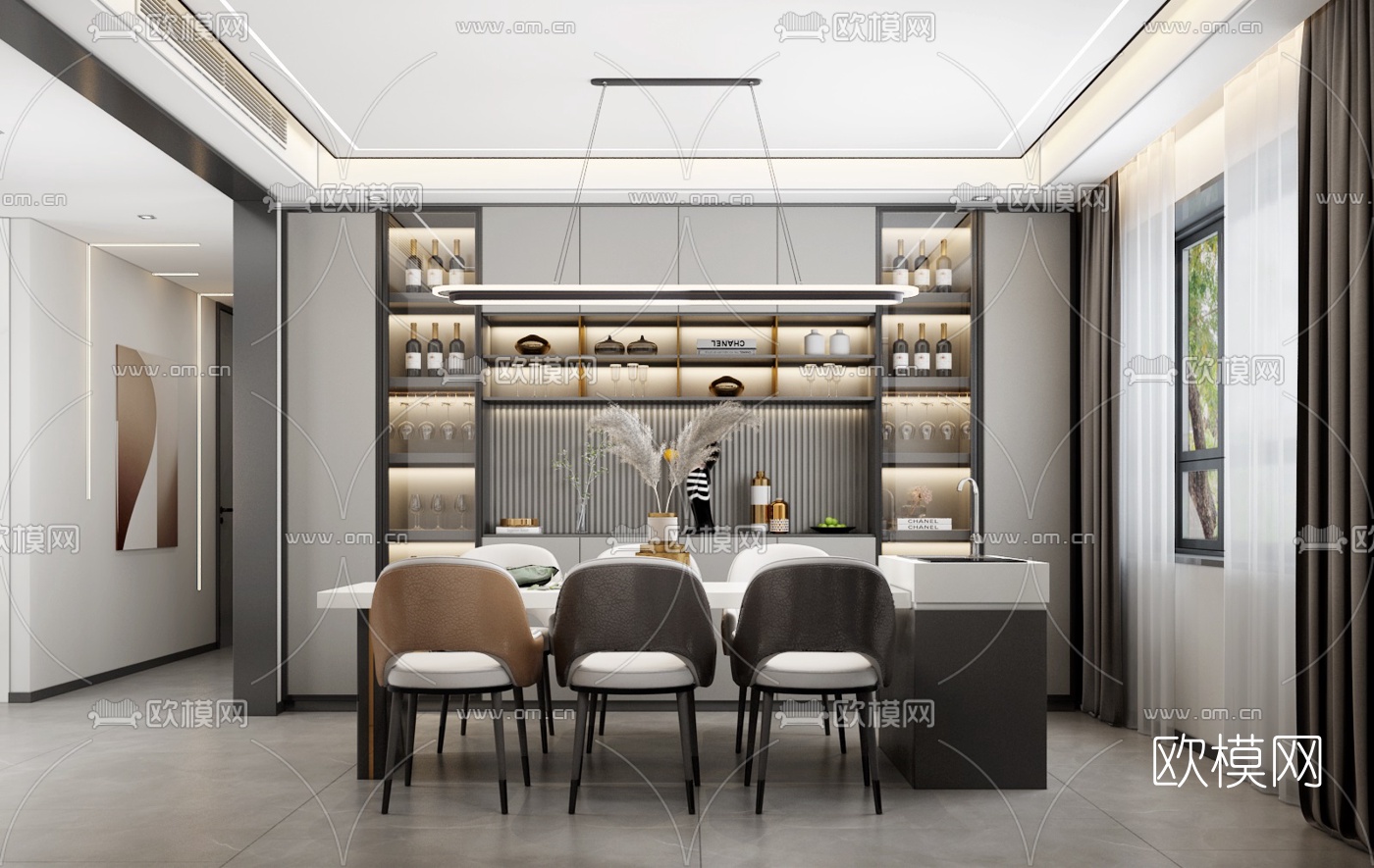 现代高级灰客厅餐厅3d模型下载（渲染图2）